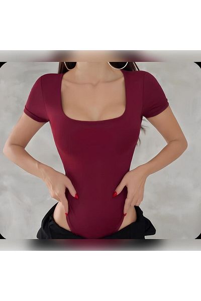 By Gecce Square Neck Short Sleeve Half Double Layer Bodysuit Snap Bodysuit