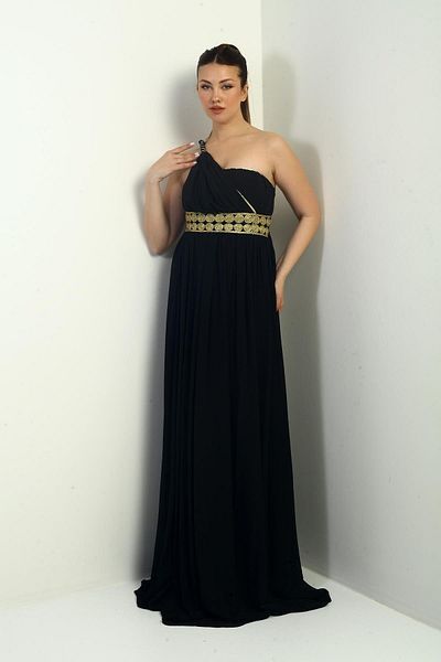 By Saygı Women's One Shoulder Strap Front Straw Lined Chiffon Long Dress