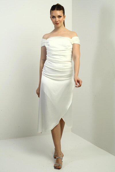 By Saygı Women's Madonna Collar Draped Asymmetrical Satin Short Dress