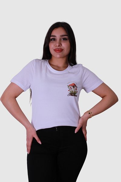 trender Tricou alb pentru damă cu imprimeu ciuperci