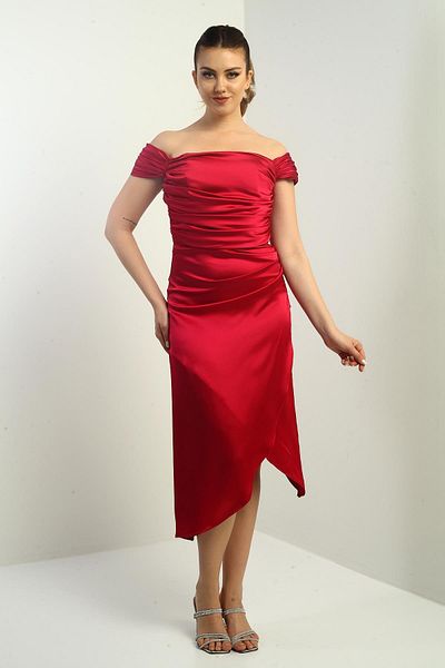 By Saygı Women's Madonna Collar Draped Asymmetrical Satin Short Dress