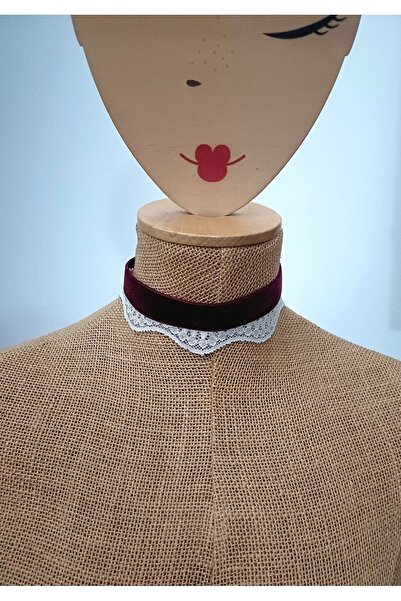 Nishstyle Krem renk Dantelli 2 cm Bordo Kadife Choker Kolye