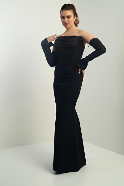 By Saygı Women's Strapless False Sleeves Interlining Lined Crepe Long Evening Dress