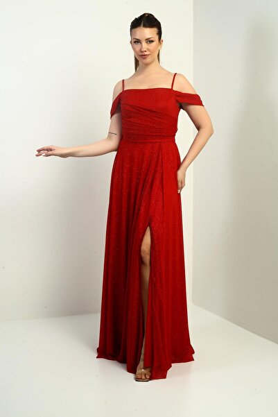 By Saygı Kadın İp Askılı Eteği Kloş Astarlı Uzun Simli Elbise