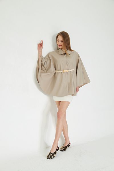 SevdeUgur Μπεζ Πέτρα Χρώμα Μαύρη Ζώνη Trench Coat Poncho / Sevde Ugur