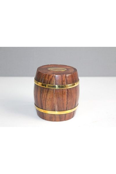 Mu Art Ahşap Brass Detailed Barrel Piggy Bank Model 1