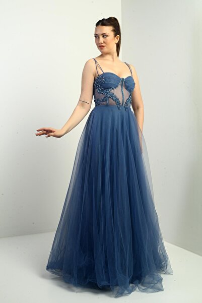 By Saygı Kadın İp Askılı astarlı Göğüs Pliseli Boncuk İşlemeli Uzun Prenses Elbise