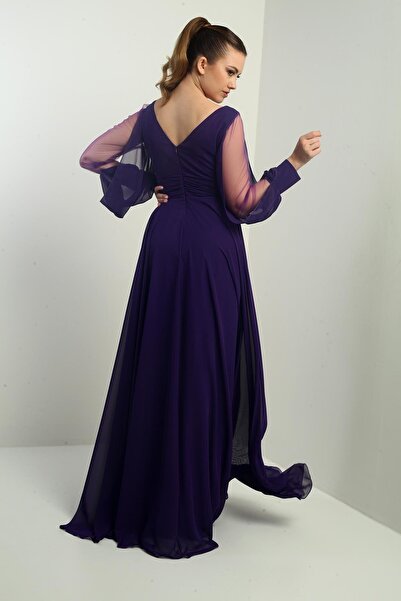 By Saygı Ön Arka V Yaka Önü Drapeli Kolları Tül Astarlı Geniş Beden Aralıklı Uzun Şifon Elbise