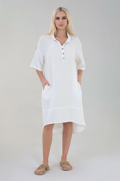 Fashion Showcase Φόρεμα Muslin Robe με παράθυρο από βαμβακερό φυσικό ύφασμα μακρύ μανίκι - Λευκό