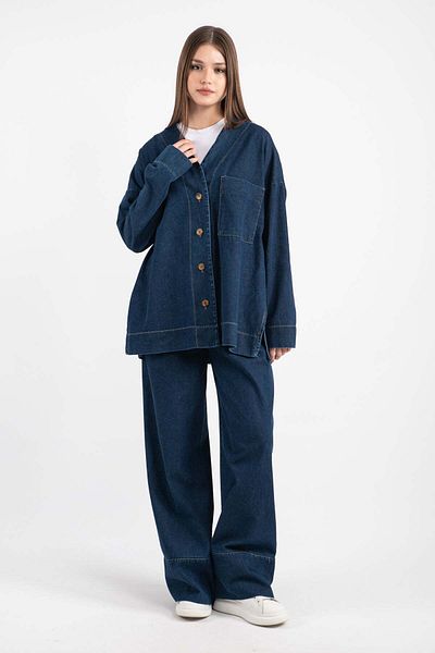Hatun Atila Women's Pocket Detailed Cardigan Denim Suit 8739 - Navy Blue