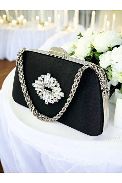 MidStore Special Design Black Color Satin Chain Handle Silver Crystal Stone H...