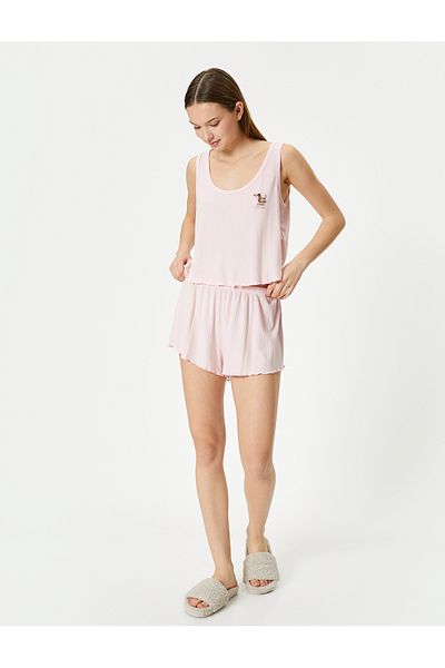 Koton Pajama Set with Shorts, Strap, U-Neck Embroidered
