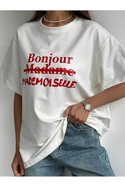 OVER HEAD Tricou oversize cu imprimeu Bonjour alb de damă