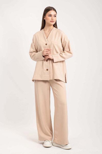 Hatun Atila Beige Motif Women's Pocket Flight Digital Cardigan Suit 8748