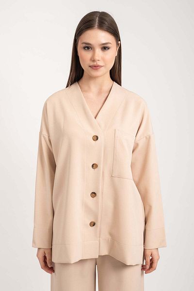 Hatun Atila Beige Motif Women's Pocket Flight Digital Cardigan Suit 8748