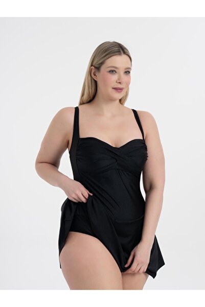AQUAVİVA Aquaviva Women's Plus Size Shiny Black Lenora Draped Gathering Dress Swimsuit