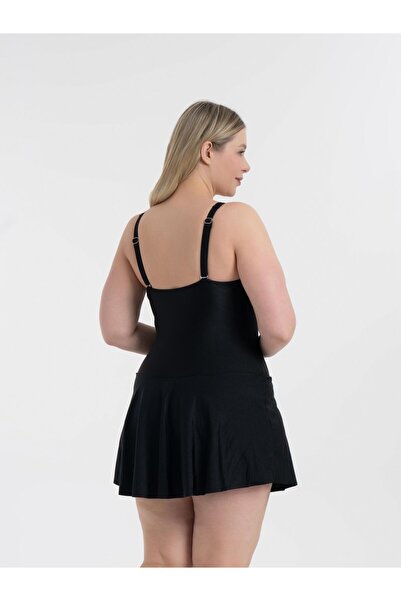 AQUAVİVA Aquaviva Women's Plus Size Shiny Black Lenora Draped Gathering Dress Swimsuit