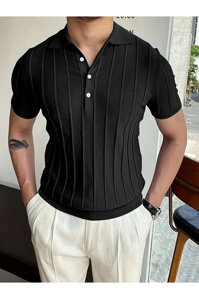 The AlpAli Men's Short Sleeve Collared Front Button Knitwear Blouse
