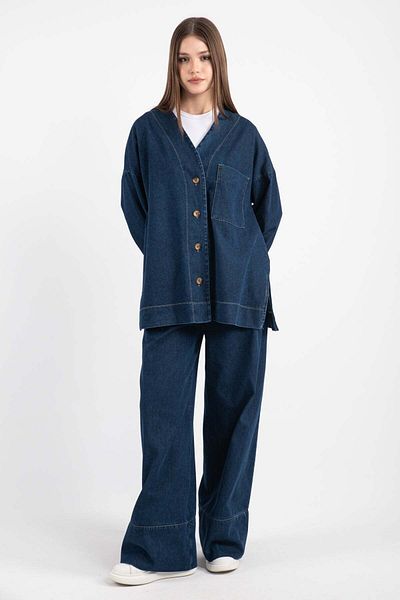 Hatun Atila Women's Pocket Detailed Cardigan Denim Suit 8739 - Navy Blue