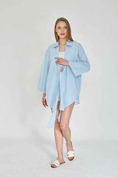 SevdeUgur Γυναικείο πουκάμισο κιμονό με μπλε λινό δέσιμο / Sevde Ugur