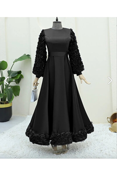 Modarana Eteği Ve Kolları Gül Detaylı Saten Abiye -laci
