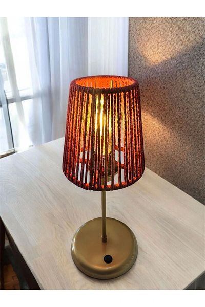 CONANA Lyris - Macrame Lampshade, Mini Table Lamp (Claret Red Head, Gold Foot)