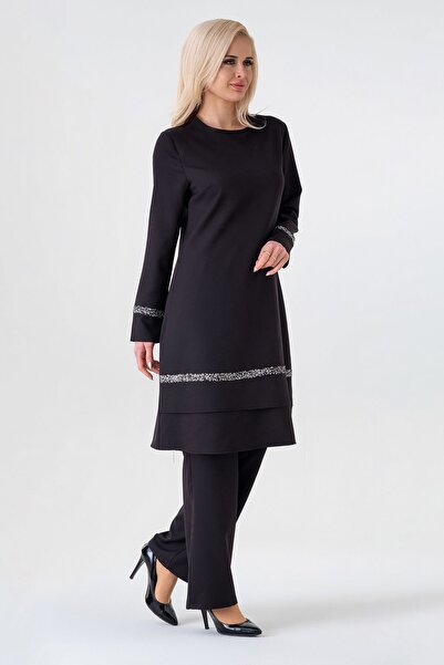 Fashion Showcase Stone Detailed Hijab Suit - Black