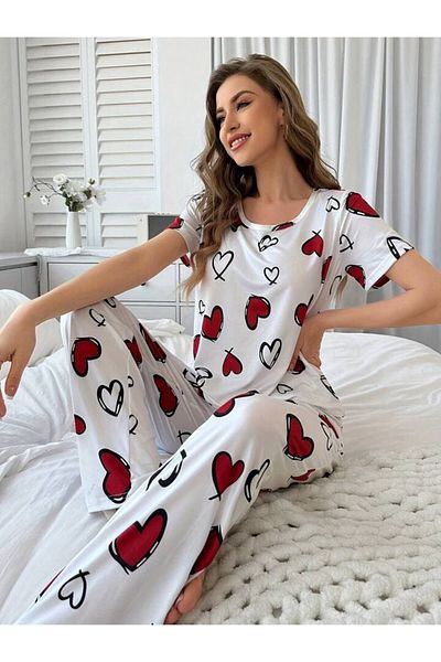 MEYLİYA Women's Short Sleeve Pajama Set - Suprem Softee Ke Heart Black and White
