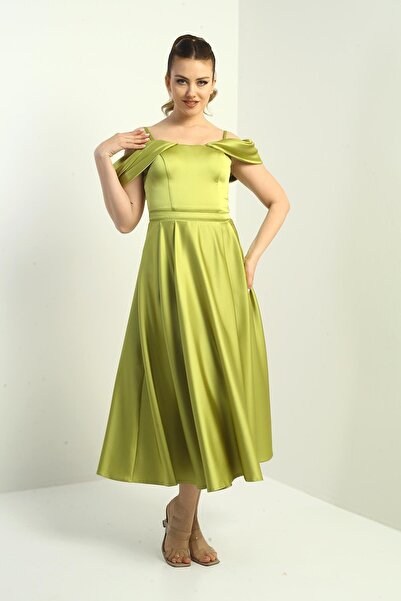 By Saygı Women's Rope Strap Low Sleeve Lined Pleated Satin Flared Long Dress