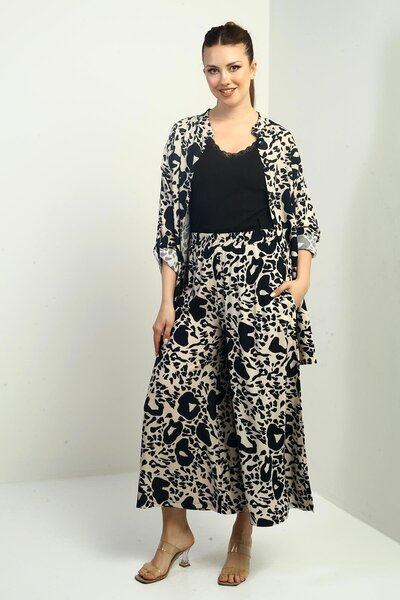 By Saygı Women's Side Slit Tunic Shirt Elastic Waist Pocket Palazzo Pants Mixed Pattern Oversize 2