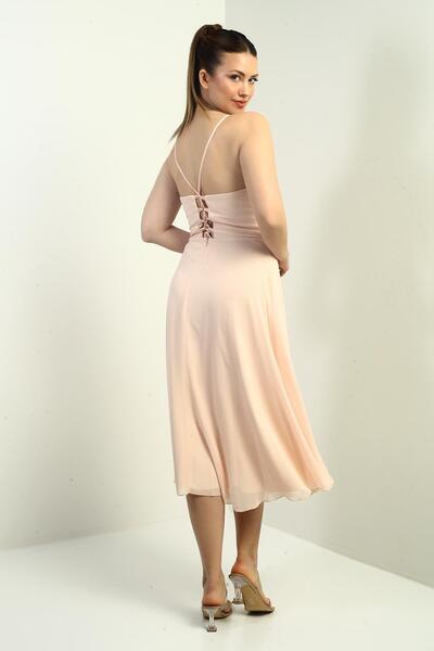 By Saygı Women's Rope Strap Double Breasted Neck Lined Back Lace up Flared Chiffon Dress