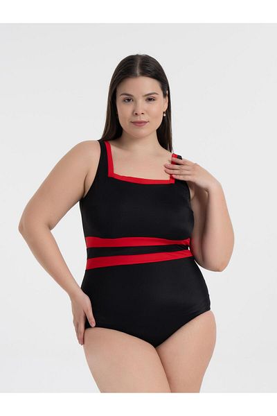 AQUAVİVA Aquaviva Women's Plus Size Black-Red Belinda Gathering Square Neck Swimsuit