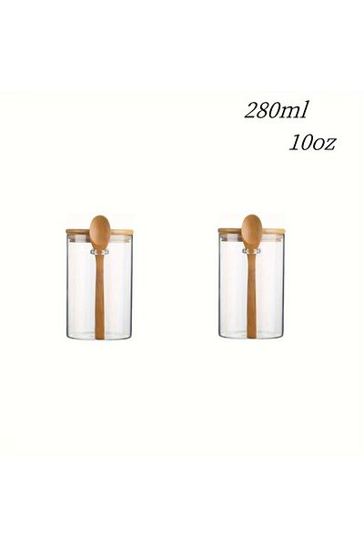 Choice 2 Pcs 280ml Candy Jar, Biscuit Jar, Glass Storage Jar With Sealed Bamboo Lid And Spoon - 10oz Transp