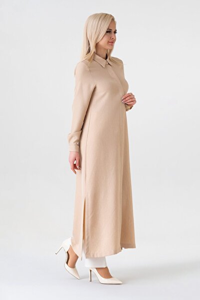 Fashion Showcase Μακρύ λινό τουνίκ με κρυφό μπατζάκι - Πέτρα