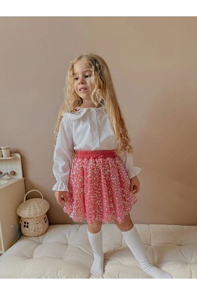 Kidmark Çocuk Modası Girl's Pink Sequin Skirt Embroidered Shirt Set