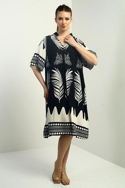 By Saygı Rochie scurtă oversize cu model de frunze pentru femei, cu buzunare