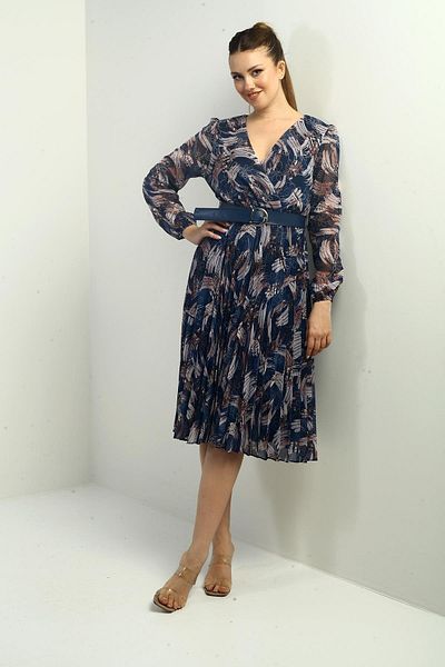 By Saygı Rochie midi din șifon, cu guler dublu, cu talie, căptușită, cu modele plisate