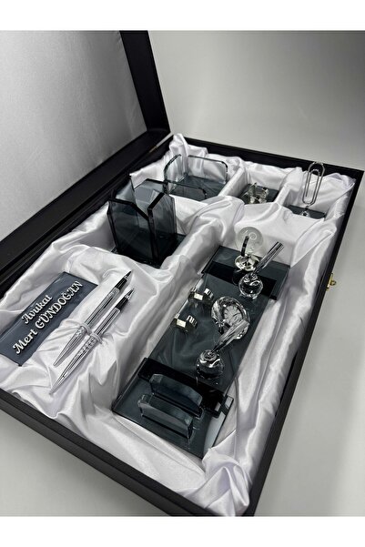 Gündoğan Kristal VIP Füme Cam Masa İsimlik Ful Set Hediyelik Deri Kutu ve Kab...