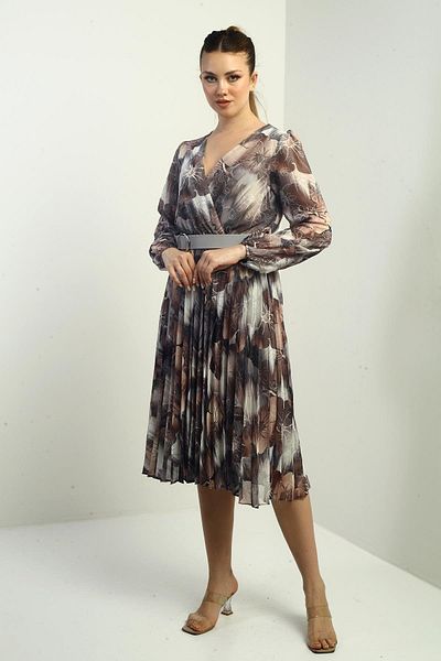 By Saygı Women's Double Breasted Neckline with Belt at Waist Lined Floral Patterned Pleated Midi Chiffon Dress