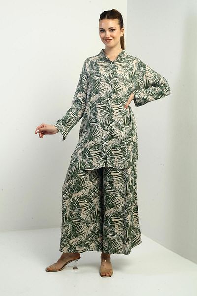 By Saygı Women's Oversize 2' Tunic, Elastic Waist, Palazzo and Leaf Pattern