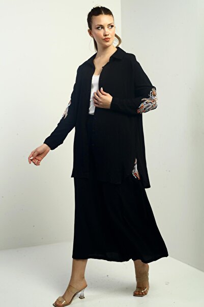 By Saygı Women's Oversized Jewelry: Tunic with Side Slits, Palazzo Pants with Elastic Waist Pockets