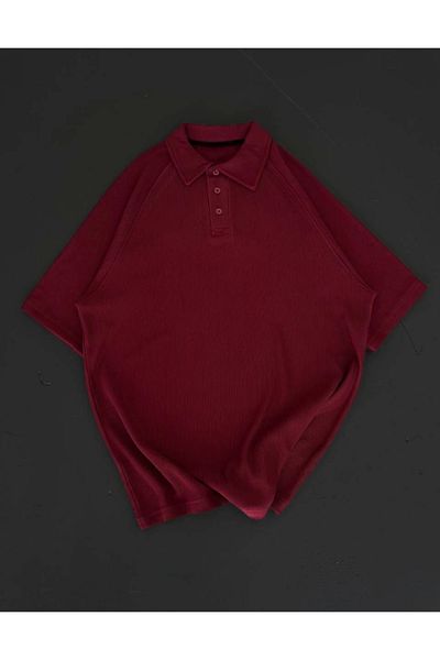 trend henna Collared Placket Short Sleeve T-Shirt - Burgundy Color