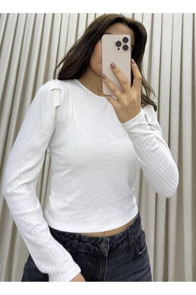 Daves Στρογγυλή λαιμόκοψη μπαλόνι μανίκι ελαστική βαμβακερή μπλούζα-Λευκή