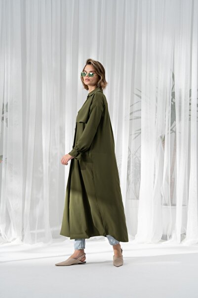 QANU Kuşaklı Ferace Yeşil Bol Kalıp