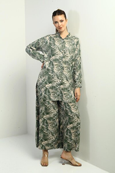 By Saygı Women's Oversize 2' Tunic, Elastic Waist, Palazzo and Leaf Pattern