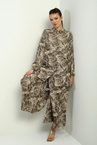 By Saygı Women's Oversize 2' Tunic, Elastic Waist, Palazzo and Leaf Pattern