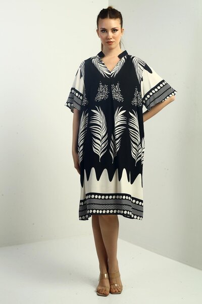 By Saygı Women's Leaf Patterned Oversize Short Dress with Pockets