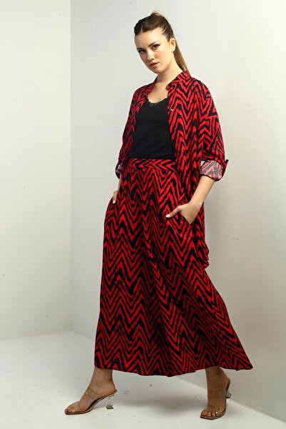 By Saygı Women's Oversize Tunic Shirt and Palazzo Pants Zigzag Design