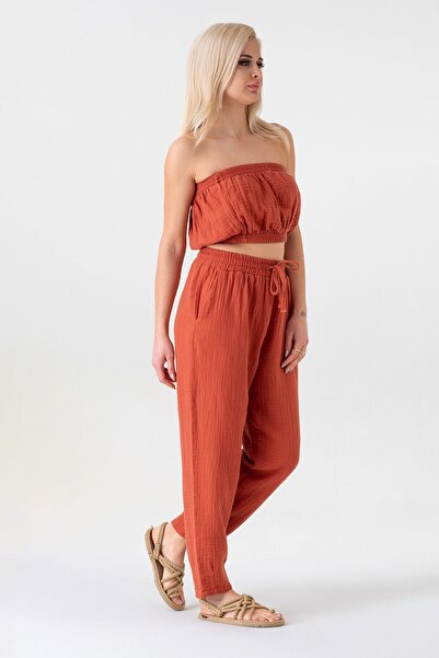 Fashion Showcase Women's Cotton Pants - Brick-Colored Muslin Waist and Elastic Ankle