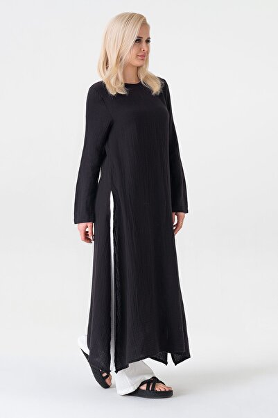 Fashion Showcase Muslin Fabric 100% Cotton Hijab Tunic with Side Slits - Black